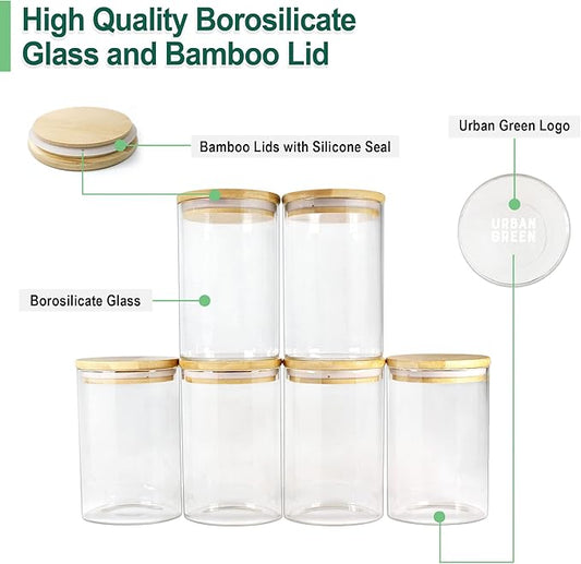 Urban Green Glass Storage Container Bamboo Lids, Glass Airtight Canisters sets, Food Jars, Pantry Organization and Storage Containers, Spice Jars, Flour Canisters of 6
