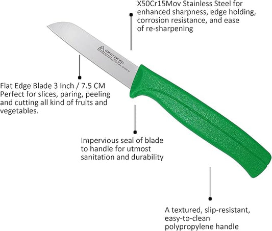 Paring Knife - MATTSTONE HILL 3 Inch Flat Edge Peeling Knife, For Cutting, Peeling and Paring Fruits and Vegetables, Premium Stainless Steel Blade, Green Handle