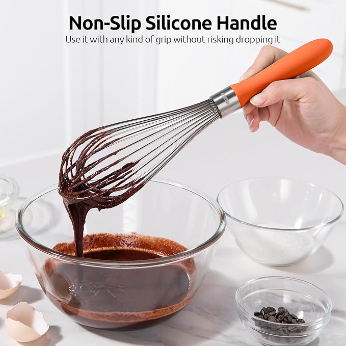 U-Taste Balloon Whisk for Cooking: 18/10 Stainless Steel Kitchen Wire Whisk, 12in Large Heavy Duty Egg Beater, Manual Mixing Tool with 12 High Flex Wires for Stirring, Blending Sauce (Orange)