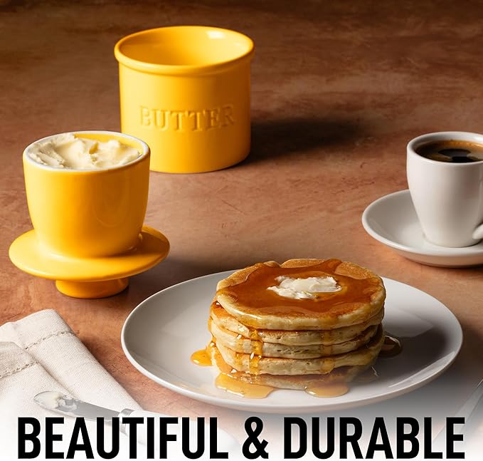 Zulay Kitchen Porcelain Butter Crock With Lid & Knife - Authentic French Butter Dish For Fresh & Spreadable Butter - Yellow