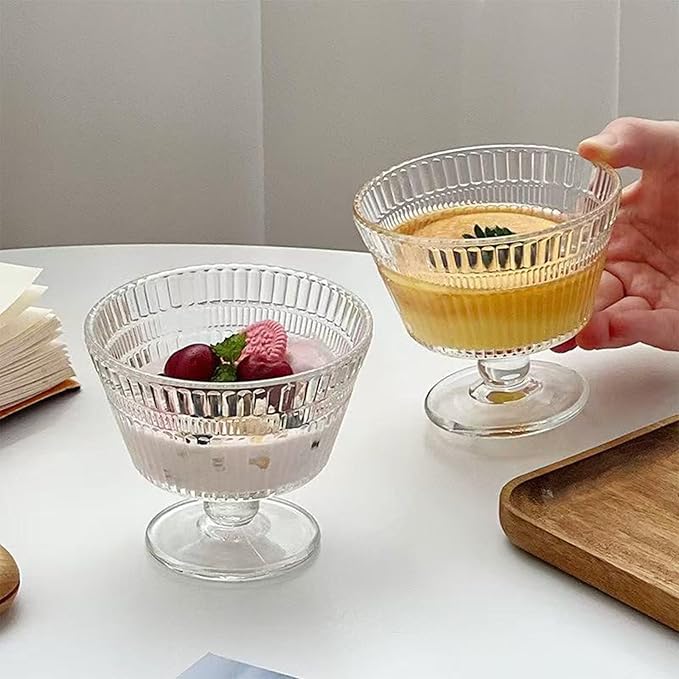 Vintage Glass Dessert Bowls, Dessert cups Set of 8, 9 oz Sundae Cups for Ice Cream, Fruit, Pudding, small snacks, Yogurt, and Appetizers (8)