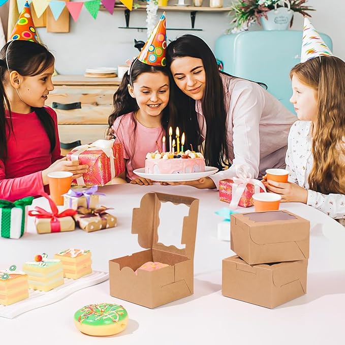 150pcs Brown Small Cake Box,4x4x2.5 Inch Bakery Boxes with Window,gift boxes bulk for Mini Cake Pastry Dessert Strawberries Chocolates Cupcakes with Stickers