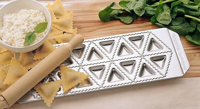Imperia Ravioli Maker Set- Includes 3 Trays & Wooden Rolling Pin- Pasta Machine Accessory for Filled Ravioli- Durable Aluminum Construction- Press Makes 3 Different Shapes- Homemade Italian Cooking