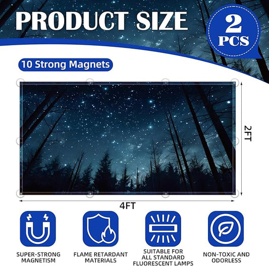 2 Pcs Fluorescent Light Covers - 4 x 2 Feet Covers for Ceiling Lights, Magnetic Light Filters for Classroom, Office, Hospitals, Home (Forests & Starry Sky-2)