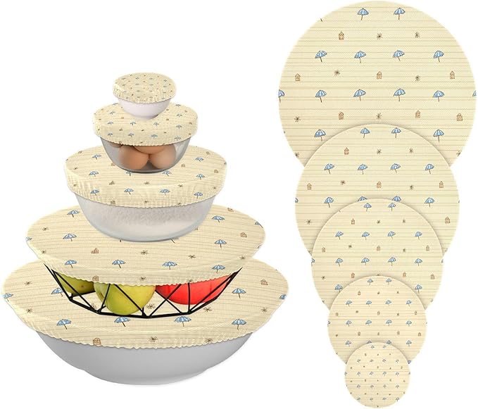 5 Pcs Bowl Covers Reusable in 5 Size Elastic Food Cover Cloth Lids Fresh Keeping Dish Cookware Bakeware Fabric Covers Lids for Food Leftovers Fruits Storage Light Beige Blue Brown Mini Umbr