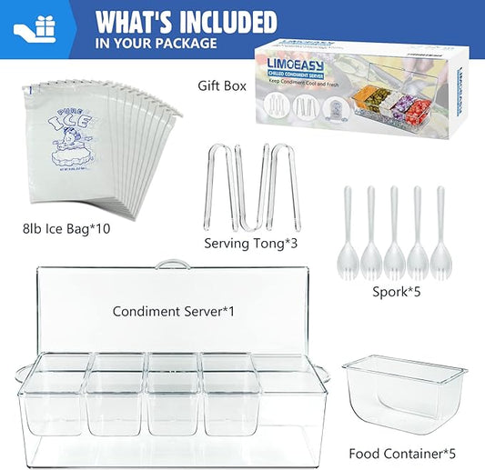 LIMOEASY Chilled Condiment Server, Clear Garnish Tray with Lid for Bar for Parties with 5 Removable Compartments, Ice Serving Bowl, Serving Containers for Fruit, Caddy, Snack, Sauce