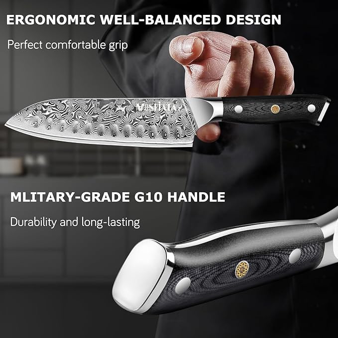 MOSFiATA Chef Knife,Kitchen Knife Santoku Chef's Knife 7 inch Multifunction Kitchen Knives Damascus Steel VG-10 Blade,Knife Sharpener Rod Gift Box
