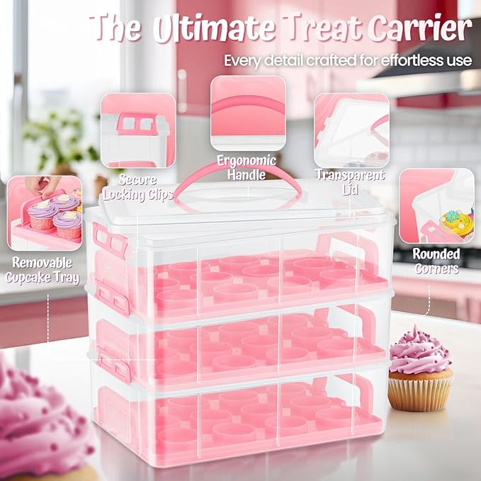 Flexzion 36 Cupcake Carrier 3 Tier Stackable Storage Container Collapsible Cake Carrier with Lid and Handle, Reusable Rectangular Plastic Dessert Travel Container, Display Holder Transport Box (Pink)