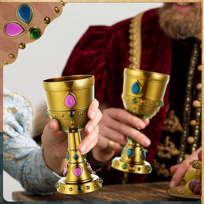 Suclain 12 Pcs Medieval Molded Crown Goblets 8 oz Gold Jeweled chalice Vintage Plastic Goblet King Queen Party Chalice Medieval Party Decorations for Carnival Drinking Supplies