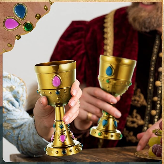 Suclain 6 Pcs Medieval Molded Crown Goblets 8 oz Gold Jeweled chalice Vintage Plastic Goblet King Queen Party Chalice Medieval Party Decorations for Carnival Drinking Supplies
