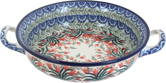 Blue Rose Polish Pottery - Orange Spring Tulip Mini Casserole with Handles - 6.75" Diameter - Unique, Dishwasher Safe, & Durable Bakeware
