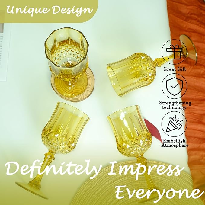 Plastic Wine Glasses,Plastic Goblets Vintage Style Cordial Drinking Glasses for Wedding Reception, Grand Event Party Supplies (12, Gold)