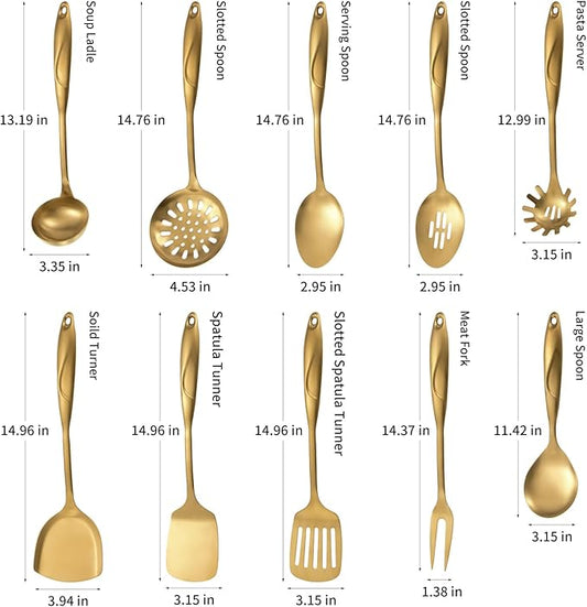 304 Stainlss Steel Kitchen Utensils Set, 10 Pcs Metal Cooking Utensil, Matte Kitchen Gadget Cookware and Kitchen Tool Set, Dishwasher Safe(Gold)