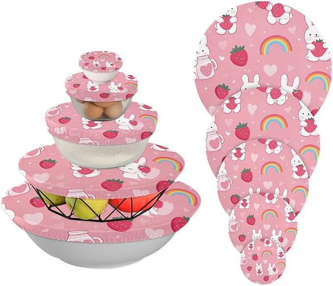 5 Pcs Bowl Covers Reusable in 5 Size Elastic Food Cover Cloth Lids Fresh Keeping Dish Cookware Bakeware Fabric Covers Lids for Food Leftovers Fruits Storage Cute Strawberry Rainbow Rabbit