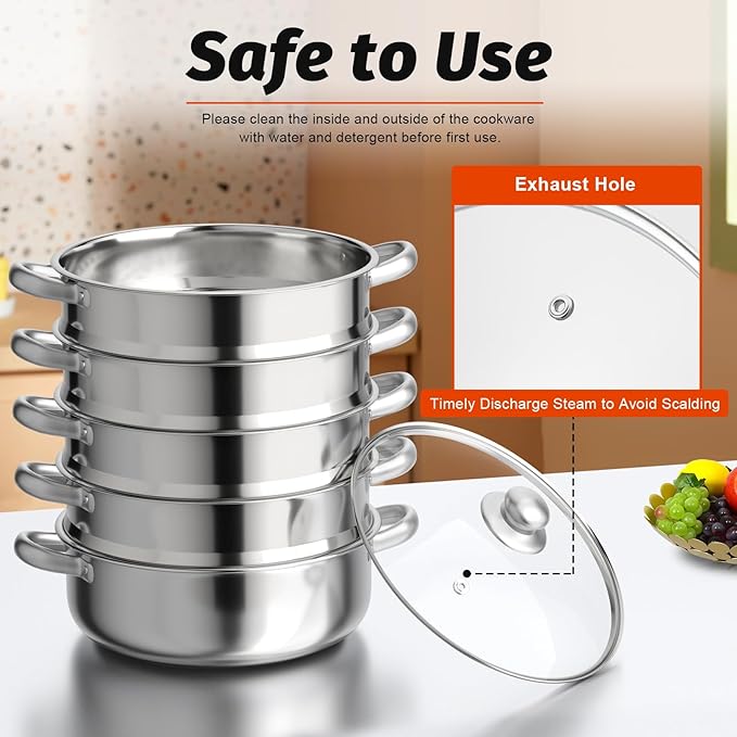 Steamer Pot 12in, 5-Tier Stackable Steamer Cooker with Lid and Triply Bottom, 304 Stainless Steel Food Cookware Set for Vegetables, Dumplings, Seafood on Gas & Electric Stoves
