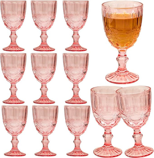 12 Pcs Vintage Wine Glasses, 10 Ounces Colored Glass Water Goblets, Unique Embossed Pattern High Clear Stemmed Glassware Wedding Party Bar Glass Drinking Cups, Floral Pink Glasses Set of 12