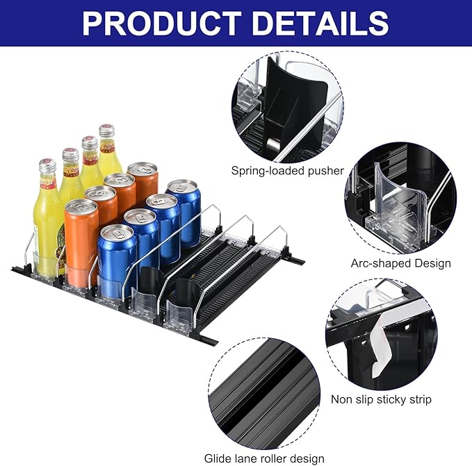 uxcell 6pcs Soda Can Organizer for Refrigerator, Self-Pushing Drink Organizer for Fridge, Width Adjustable Drink Dispenser Beverage Pusher For Pantry Vending Machine, Black