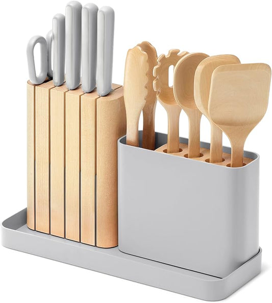 Caraway 14-Piece Kitchen Prep Set - Kitchen Knife Set & Wooden Utensil Set - Made With Premium German Steel Blades & FSC-Certified Birch Wood - Non-Toxic Materials - Includes Organizer - Grey
