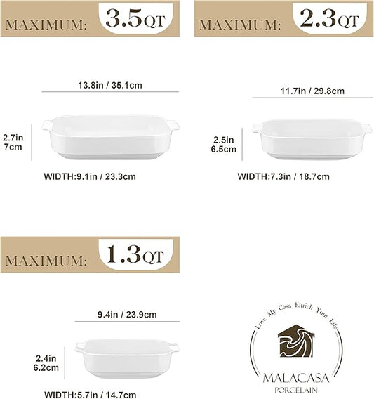 MALACASA Casserole Dishes for Oven, Porcelain Baking Dishes Set of 3, Durable Casserole Dish Set Lasagna Pan Deep, Ceramic Bakeware Sets with Handles, White (13.8''/11.7''/9.4''), Series Bake