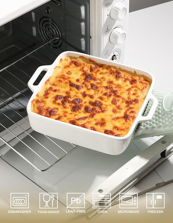 Sweejar 8x8 Baking Pan,Ceramic Casserole Dishes for Oven with Double Handles,2 QT Square Cake Baking Dish for Brownie,Lasagna,Casseroles,Family Dinner(White)