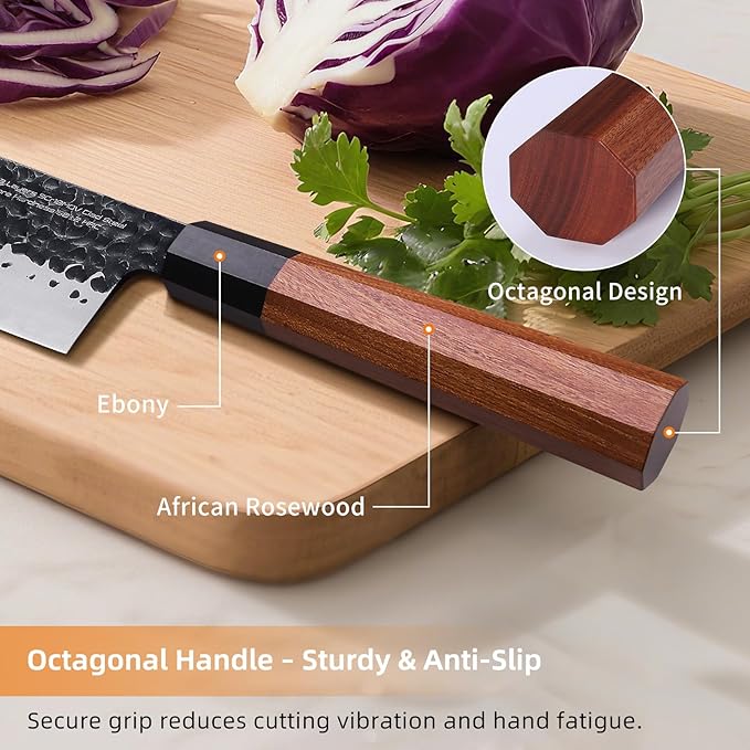 FINDKING Dynasty Series Japanese Santoku Knife, Professional Kitchen Knife, 9Cr18MoV High Carbon Steel Blade, African Rosewood Octagonal Handle, for Meat, Fruits, Vegetables, 7 Inches