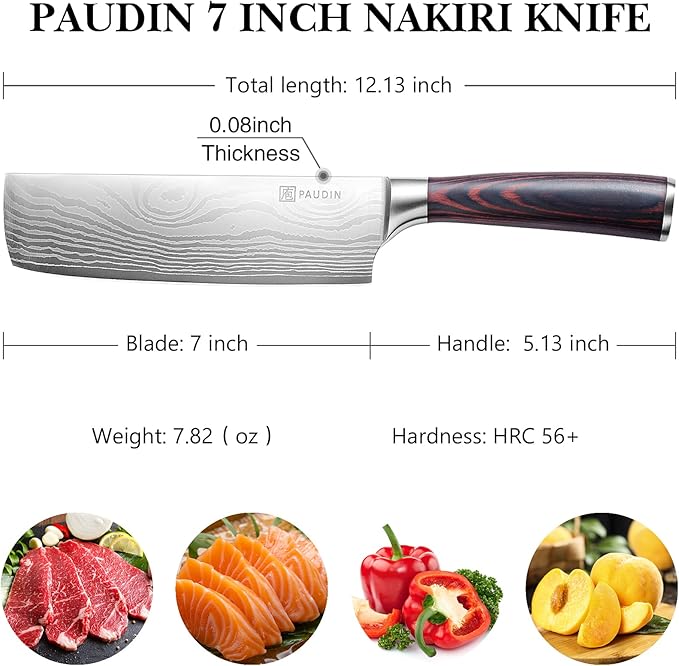 PAUDIN Nakiri Knife - 7" Razor Sharp Meat Cleaver and Vegetable Kitchen Knife, High Carbon Stainless Steel, Multipurpose Asian Chef Knife for Home and Kitchen with Ergonomic Handle