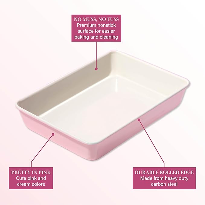 Paris Hilton Nonstick Carbon Steel Bakeware Collection, 13-Inch x 9-Inch Multipurpose Pan, Dishwasher Safe, Made without PFOA and PFAS, Pink Cream Two-Tone