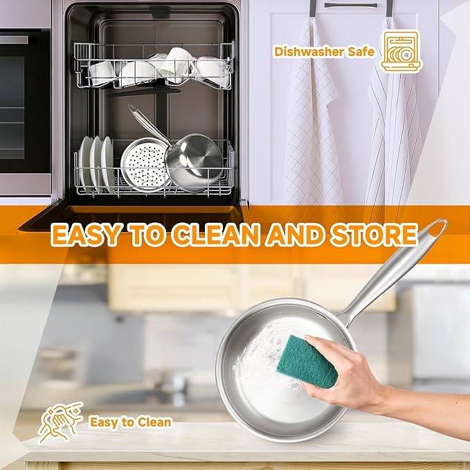 Stainless Steel Small Brushed Saucepan With Lid, Induction Cooking Sauce Pot Pans, 18/10Tri-Ply Heavy Bottom Saucier Cookware, Dishwasher Safe & Oven Safe (2.5QT)