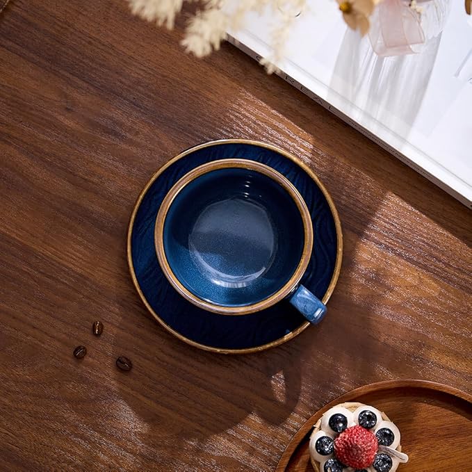 Vintage Design 12 oz Ceramic Latte Art Cappuccino Barista Cup with Saucer (Wave Blue)