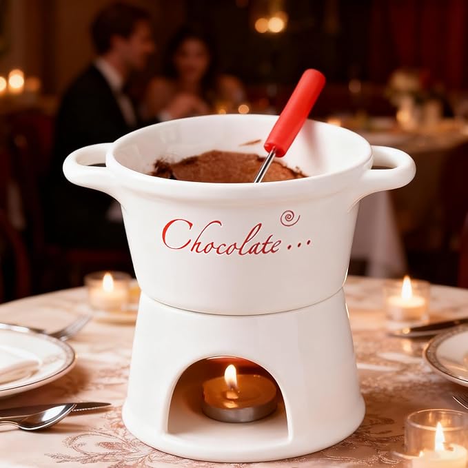Chocolate Fondue Mug - 330 ml Ceramic Chocolate Melting Cup | Ceramic Personal Fondue Coffee Mug Warmer with Fork | Handmade Melting Butter Warmer for Appetizer Dessert Cheese (White)