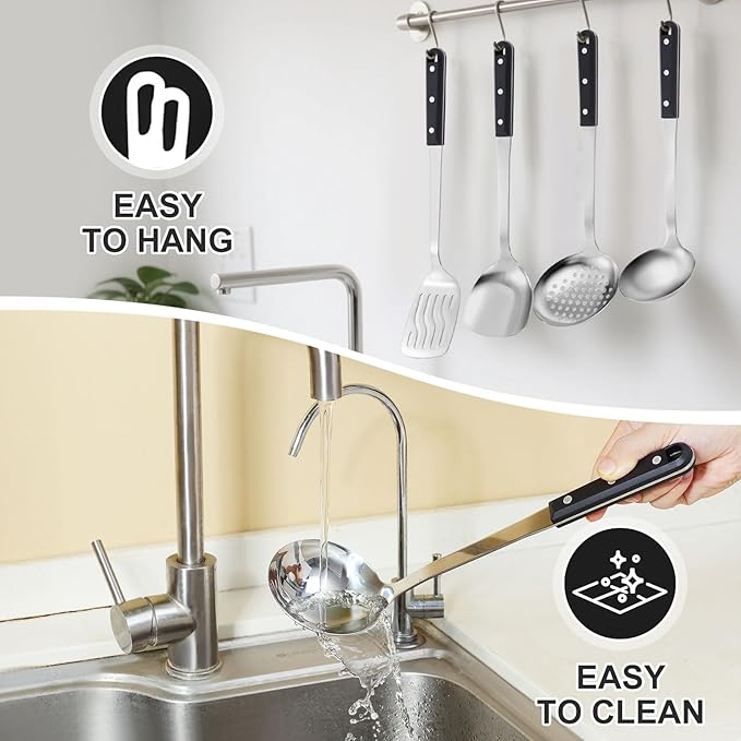 Pleafind 4-Pcs Cooking Utensils Set, Stainless Steel Kitchen Utensils, Mirror Polished Kitchen Essentials Set Include Wok Ladle, Slotted Spoon, Wok Spatula &Slotted Spatula, Dishwasher Safe