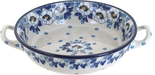Blue Rose Polish Pottery - Georgia Blue Mini Casserole with Handles - 6.75" Diameter - Unique, Dishwasher Safe, & Durable Bakeware