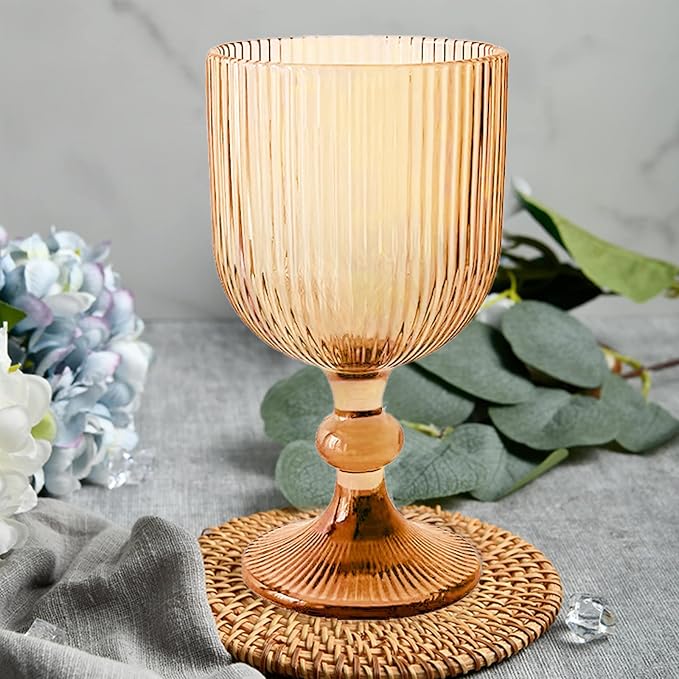 Vintage Wine Glasses Set of 6, 11 Ounces Colored Glass Water Goblets, Colorful Unique Embossed Pattern High Clear Stemmed Glassware Wedding Party Bar Glass Drinking Cups Vertical Line Gold Amber
