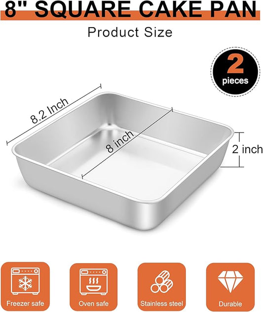 LIANYU 8 Inch Square Baking Cake Pan Set of 4, Stainless Steel Lasagna Brownie Bread Pan, Perfect for Birthday Party Wedding, Leakproof, Oven & Dishwasher Safe