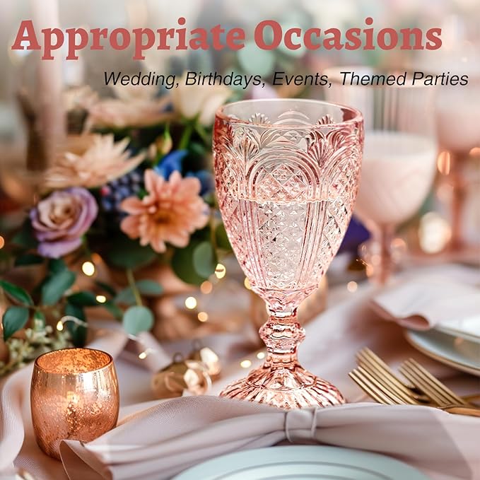 Pink Wine Glasses set of 6,colorful glass goblets made from Solid glass colors, Vintage Pink Glassware, Drinking glasses for Wedding, Birthday,Engagement or fancy glassware for everyday.