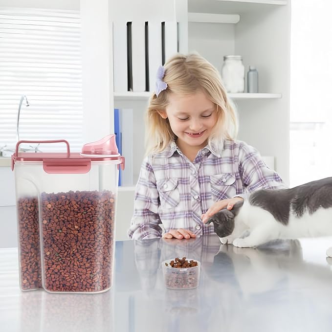 5-7Lbs Dog Cat Food Storage Container with Upgraded Large Nozzle BPA-free, 4 Snap Seals Plastic Pet Food Storage Containers with Handles (1, Clear Pink, 5L)