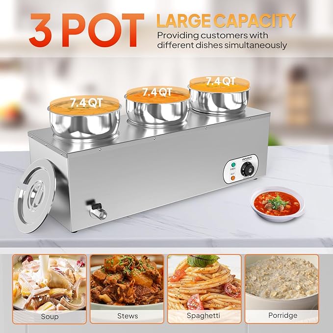 ROVSUN Electric Soup Warmer, 22QT Commercial Food Warmer Steam Table, Countertop Bain Marie with Three 7.4QT Pots, 86~185°F Adjustable Temperature, Lid and Tap for Buffet Restaurant 1200W
