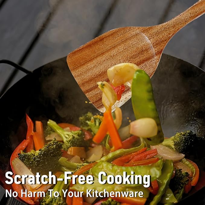 Unokit Cooking Utensils Set for Kitchen - 8 Piece Nonstick Wooden Spoons for Cooking, Comfort Grip Kitchen Utensils Set, Teak Wooden Utensil Set with Holder and Spoon Rest