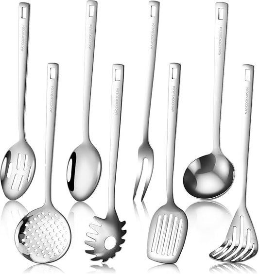 18/8 Stainless Steel Cooking Utensil set, 8 Pieces Metal Kitchen Utensils set, Slotted Spoon,Meat Fork,Ladle,Skimmer Spoon,Spatula,Spaghetti Server,Large Spoon,Masher (Dishwasher Safe, Silver)