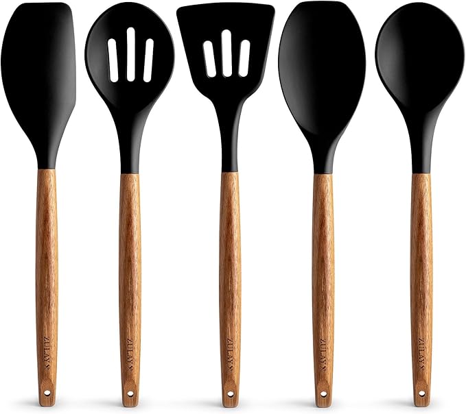 Zulay Kitchen Non-Stick Cooking Utensils Set with Authentic Acacia Wood Handles – 5-Piece Durable & Stylish Silicone Kitchen Utensils Set – Heat Resistant to 464°F – Black