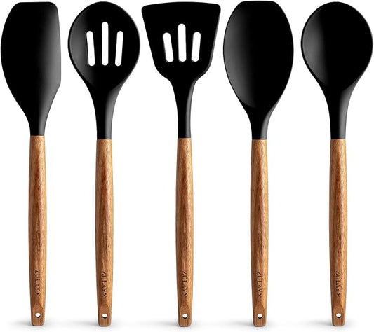 Zulay Kitchen Non-Stick Cooking Utensils Set with Authentic Acacia Wood Handles – 5-Piece Durable & Stylish Silicone Kitchen Utensils Set – Heat Resistant to 464°F – Black