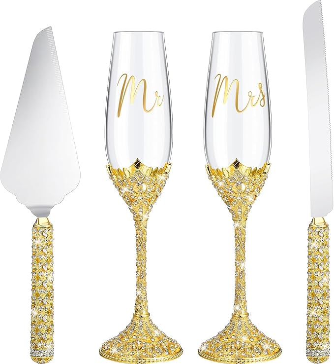 4-Piece Wedding Cake Knife and Champagne Flutes Set, Crystal Rhinestone Glasses and Cake Cutting Server for Bride and Groom Wedding Reception or Anniversary (Gold, Elegant Design) (Gold)