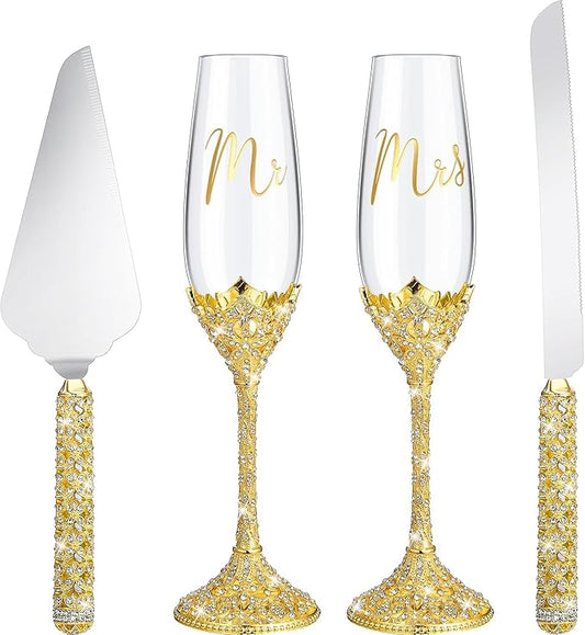 4-Piece Wedding Cake Knife and Champagne Flutes Set, Crystal Rhinestone Glasses and Cake Cutting Server for Bride and Groom Wedding Reception or Anniversary (Gold, Elegant Design) (Gold)