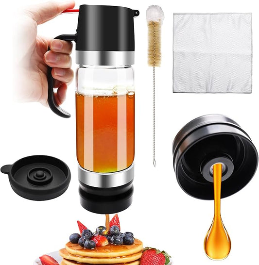 12 OZ Honey Dispenser No Drip with Stand,Extra Large Glass Syrup Dispenser with Clean Brush and Cloth, Easy One Hand Use Honey Jar Pot for Coffee Bar,Tea,Glass Syrup-Black