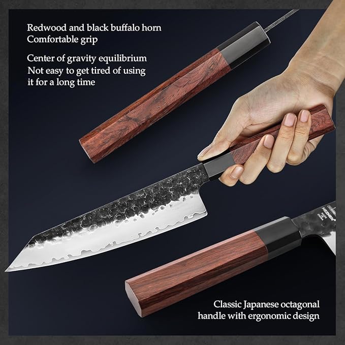 HEZHEN- 8.5” Chef Knife, 3 Layers High Carbon Clad Steel Kiritsuke Knife, Composite Forging Steel, Professional Japanese Kitchen Knife, Redwood Octagonal Handle With Wooden Knife Sheath