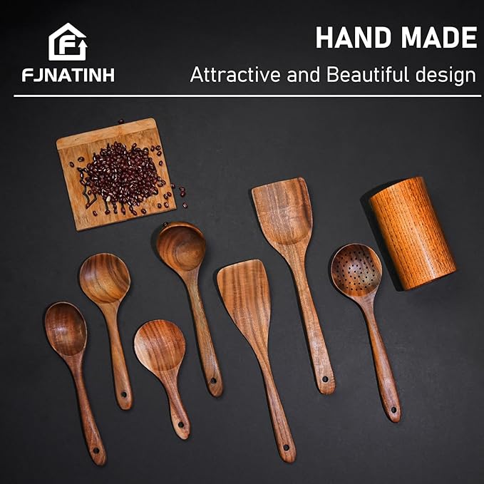 FJNATINH Wooden Spoons for Cooking, 8 Pcs Nonstick Wooden Cooking Utensils Set,Nonstick Natural and Healthy Kitchen Utensil(8 Pcs)