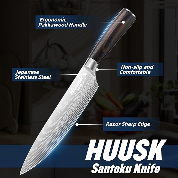 Huusk Chef Knife 8 Inch, Japanese Steel Gyuto Knife, Ultra Sharp Kitchen Knives with Ergonomic Handle, Gifts for Women and Men