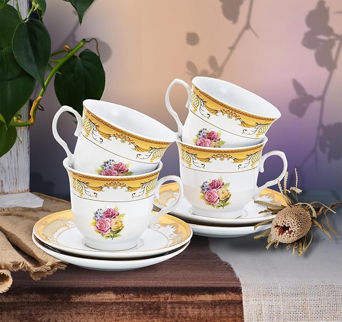 Vintage Rose Porcelain Tea Set - Gorgeous 8 Piece Dinnerware with 5.5 Inch Saucers, 6.5 oz Cups - For Tea Parties, Cappuccino, Every Day Dishes and Formal Occasions (Roses Gold 3008, 8 Piece)