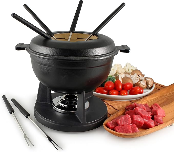 Swissmar Lucerne 10 Piece Cast Iron Fondue Set - Ideal for Melting Cheese, Chocolate, & Meat - Perfect for Kitchen Collection & Wedding Gift Giving - 2 Liter / 2 Quart - Matte Black
