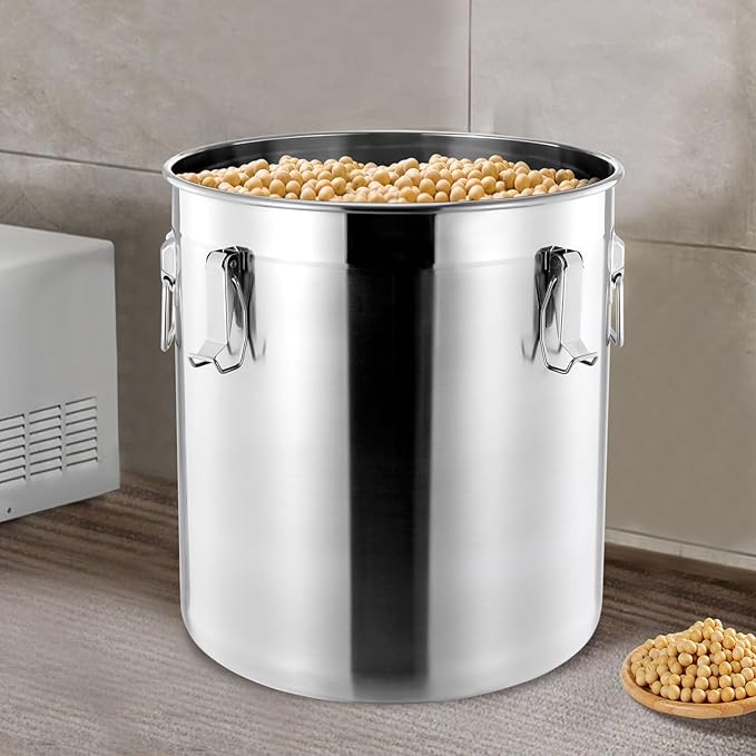 Stainless Steel Airtight Canister for Kitchen, 48L/12.68Gal Metal Food Storage Container Flour Bucket with Lid & Clamps, Bean Rice Canister Holder for Kitchen Restaurant, D15.8*H15.8in